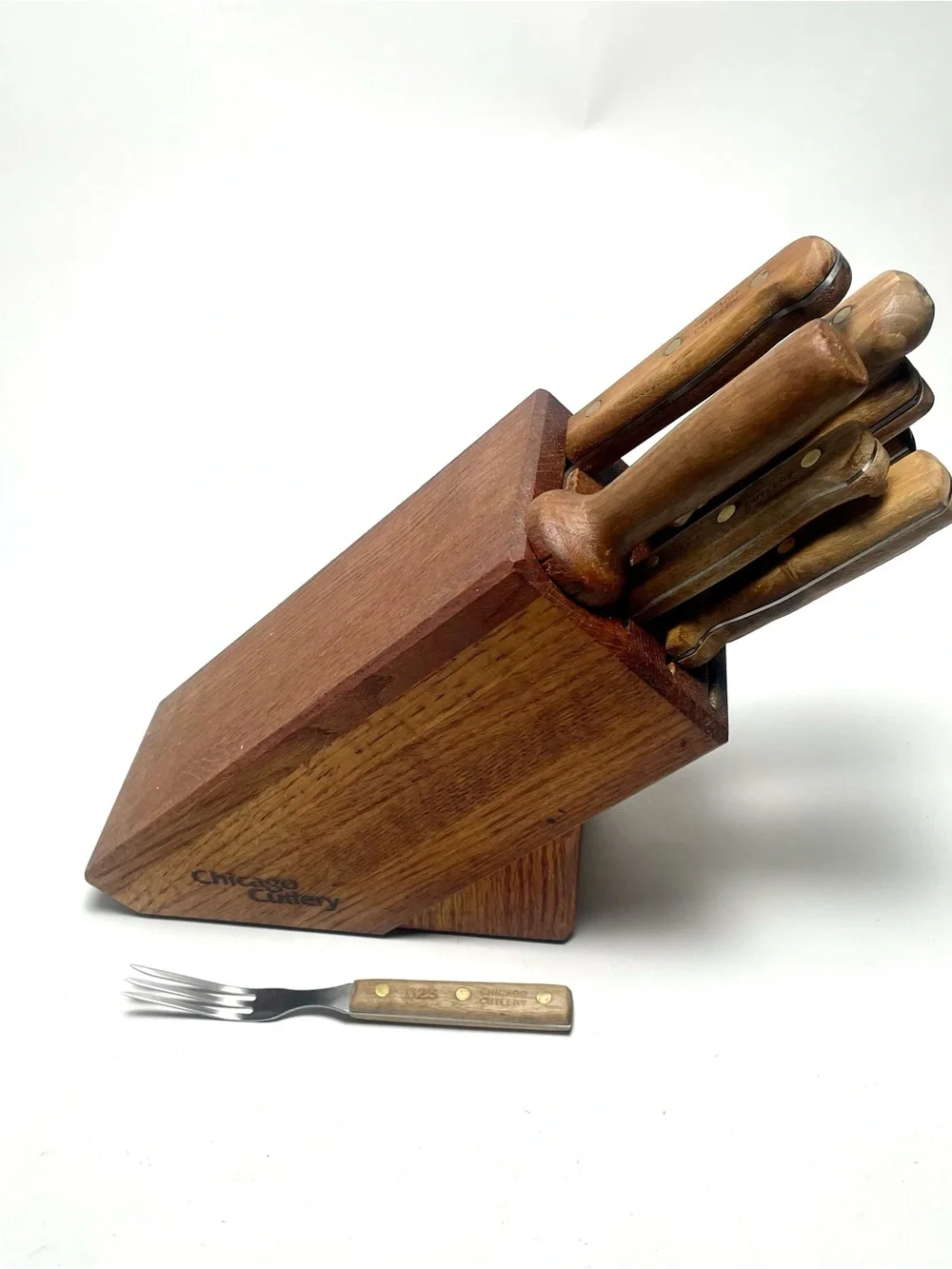 Vintage Chicago Cutlery 10 Piece Kitchen Knife, Fork & Block Set Walnut USA
